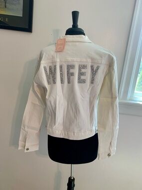 White Denim Jacket bride jacket Jean jacket wedding coat wifey L rhinestone